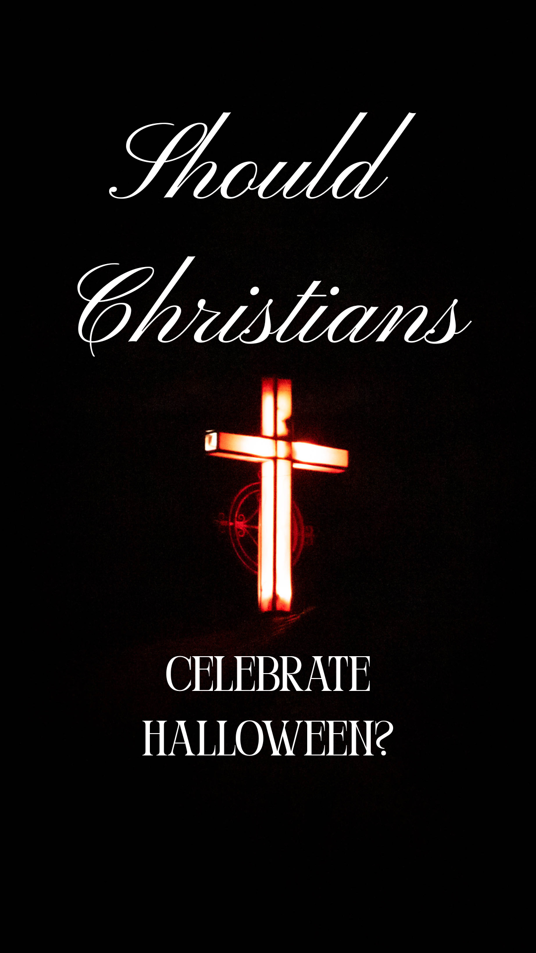 white text on a black background surrounding a neon glowing Cross