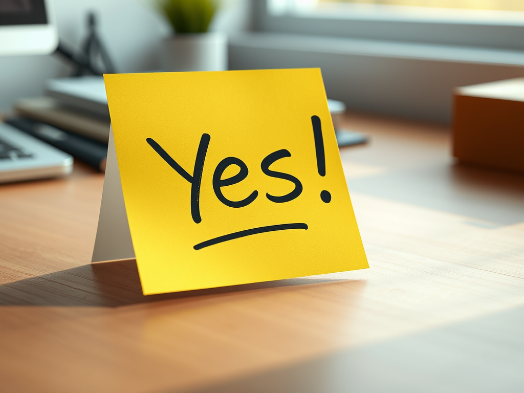 a yellow sticky note on a desk with the word 'Yes!' written on it